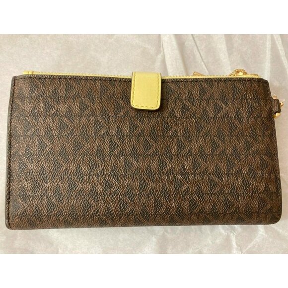 S Michael Kors Jet Set Signature Double-Zip Wristlet Brown Yellow NWT $198 - Picture 3 of 9